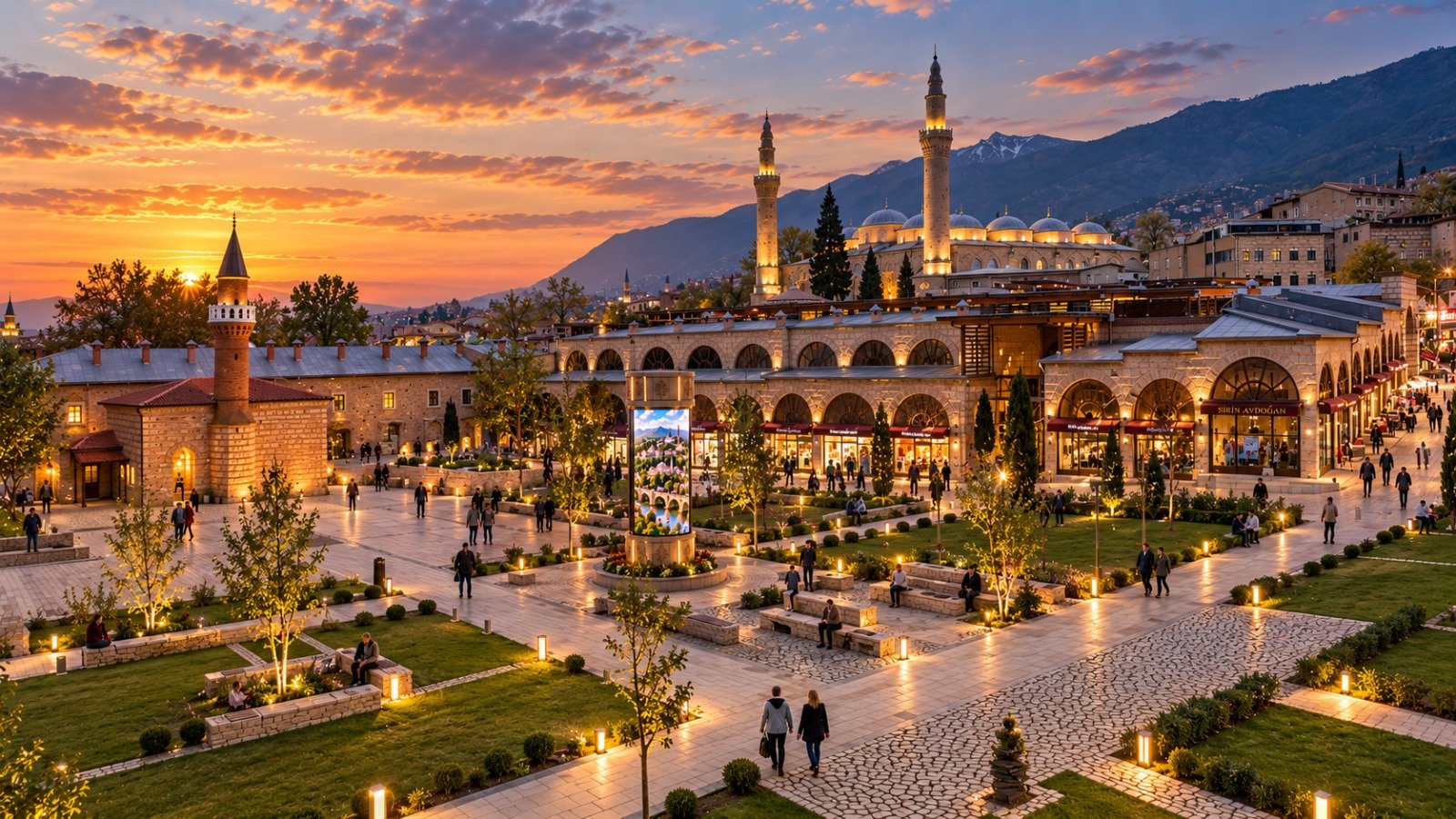 Dijital Şehir Toteminin tarihî kent dokusu, yaya alanları ve meydan ölçeğiyle birlikte değerlendirildiği geniş açı konsept görseli